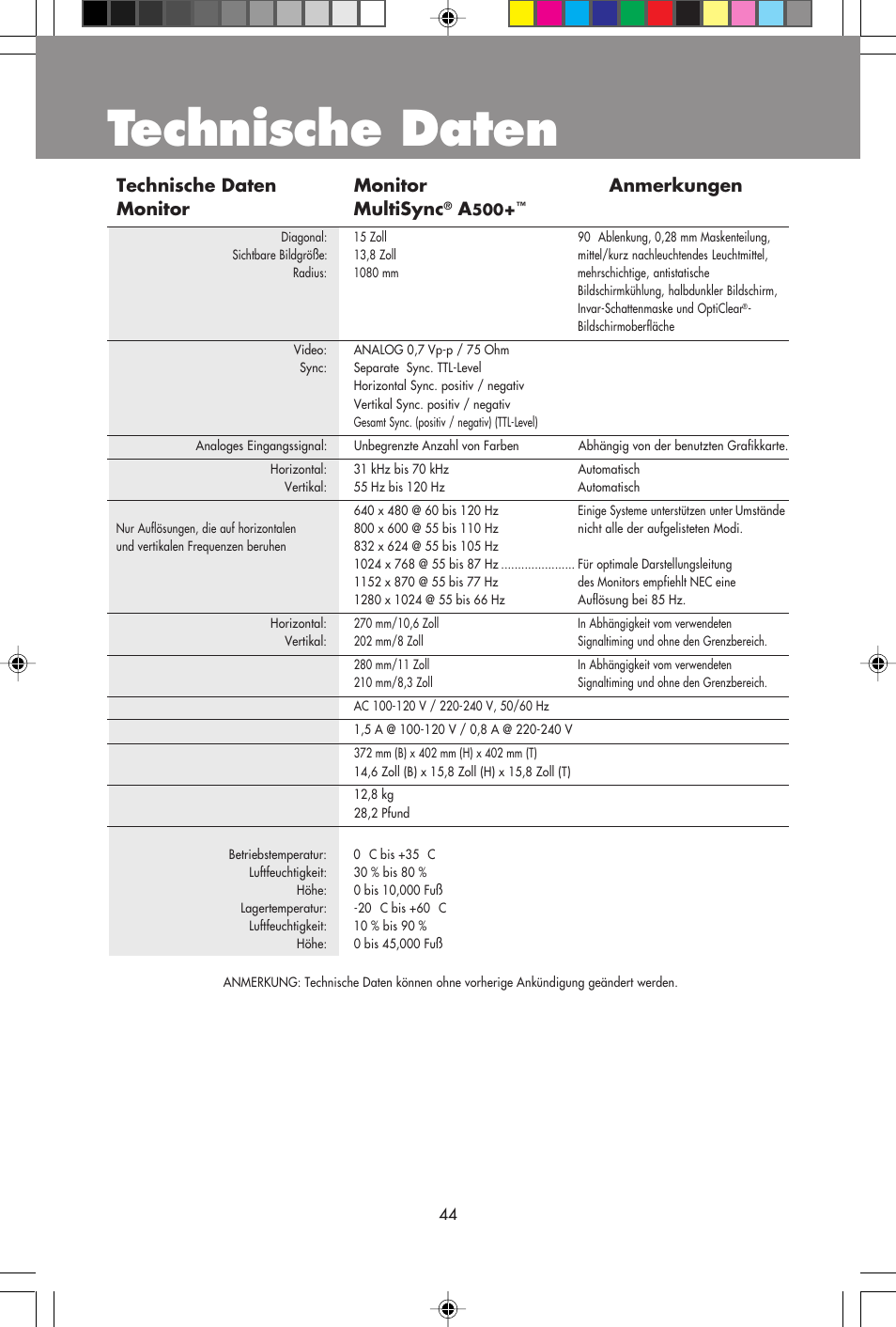 Technische daten | NEC A700+TM User Manual | Page 46 / 56