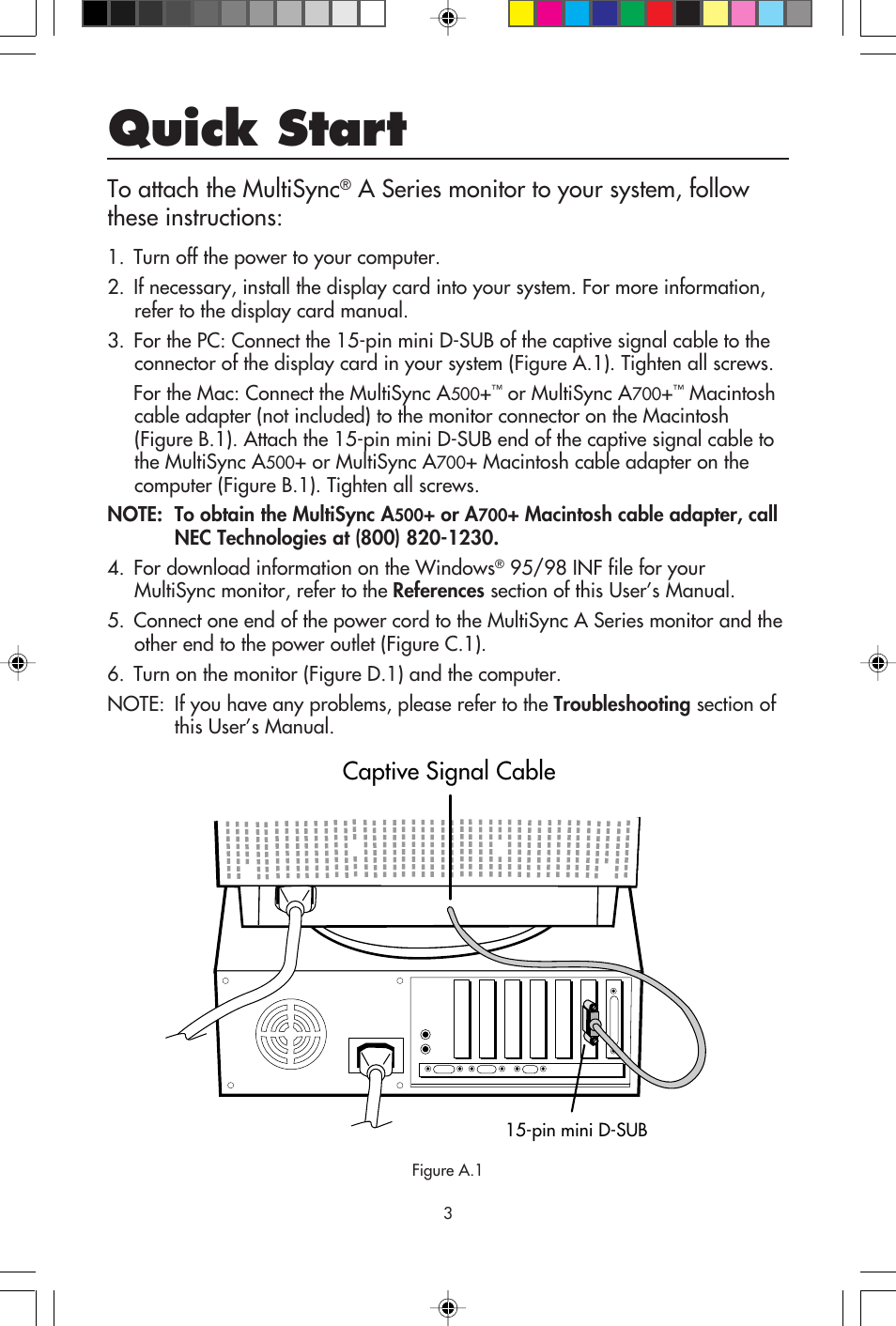 Quick start, Captive signal cable to attach the multisync | NEC A700+TM User Manual | Page 5 / 56