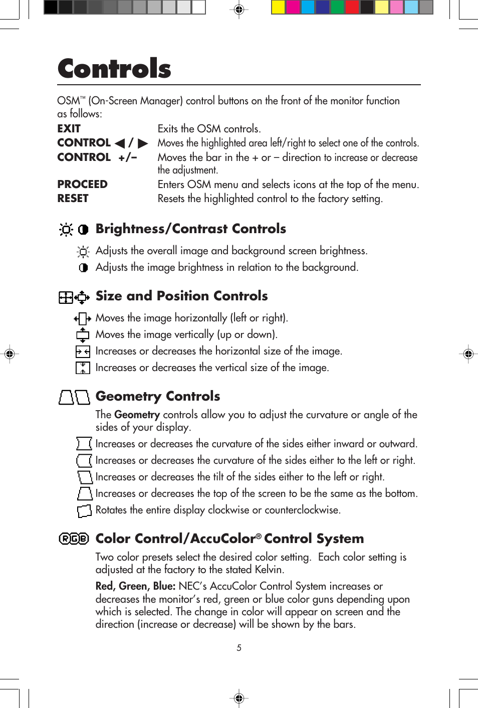 Controls, Brightness/contrast controls, Size and position controls | Geometry controls, Color control/accucolor, Control system | NEC A700+TM User Manual | Page 7 / 56