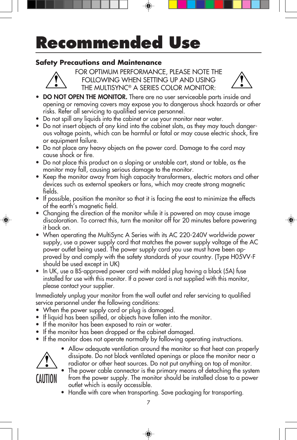 Recommended use, Caution | NEC A700+TM User Manual | Page 9 / 56