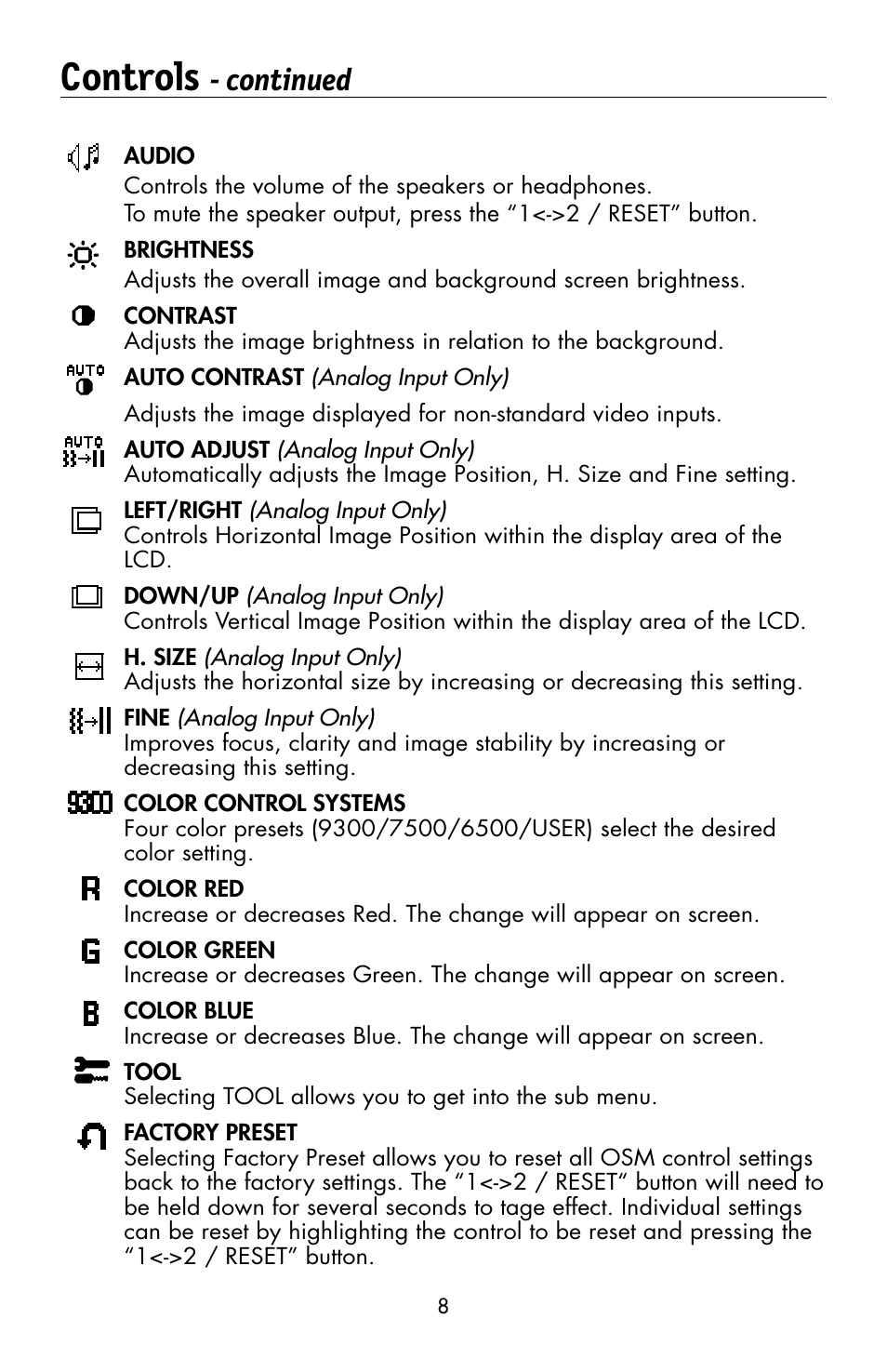 Controls, Continued | NEC MULTISYNC LCD195WVXM User Manual | Page 10 / 64