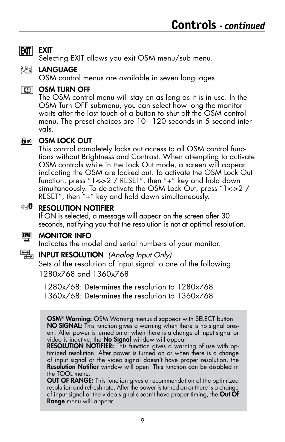 Controls, Continued | NEC MULTISYNC LCD195WVXM User Manual | Page 11 / 64