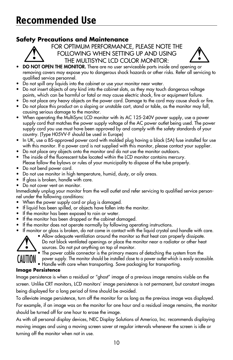 Caution recommended use | NEC MULTISYNC LCD195WVXM User Manual | Page 12 / 64