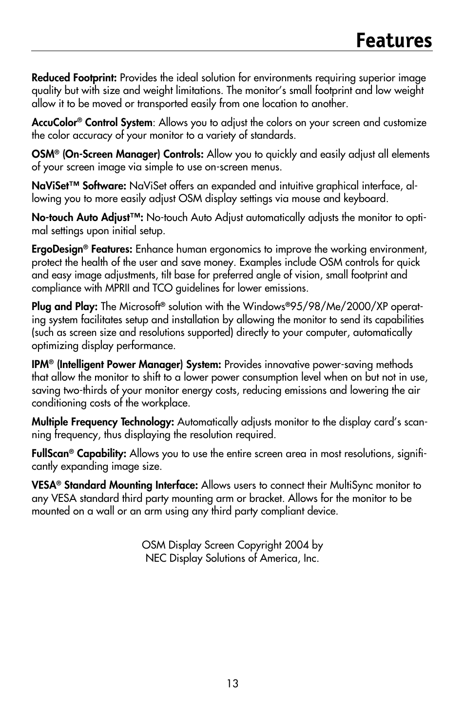 Features | NEC MULTISYNC LCD195WVXM User Manual | Page 15 / 64