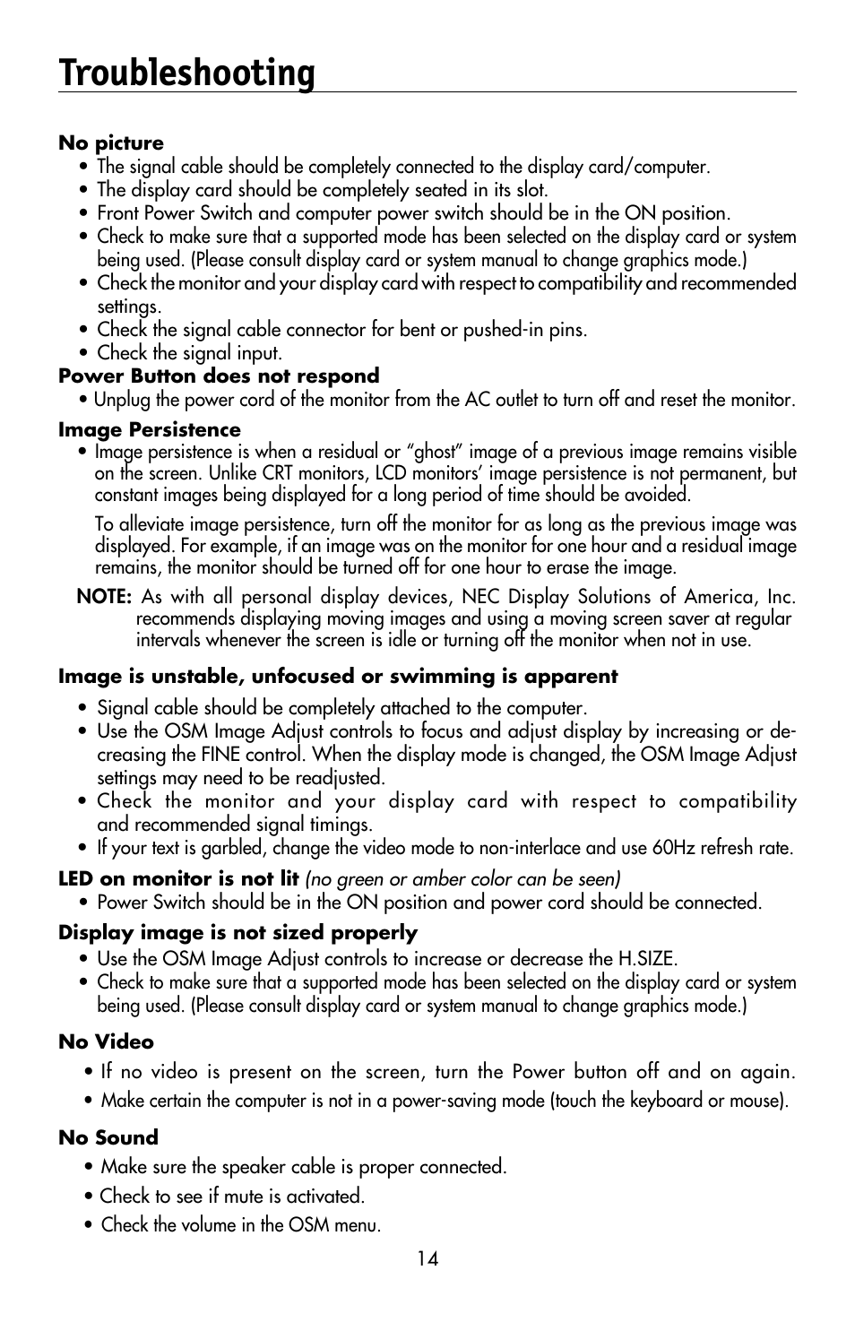 Troubleshooting | NEC MULTISYNC LCD195WVXM User Manual | Page 16 / 64