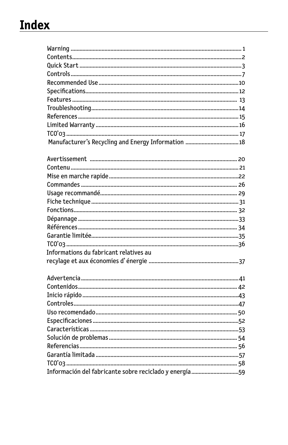 Index | NEC MULTISYNC LCD195WVXM User Manual | Page 2 / 64