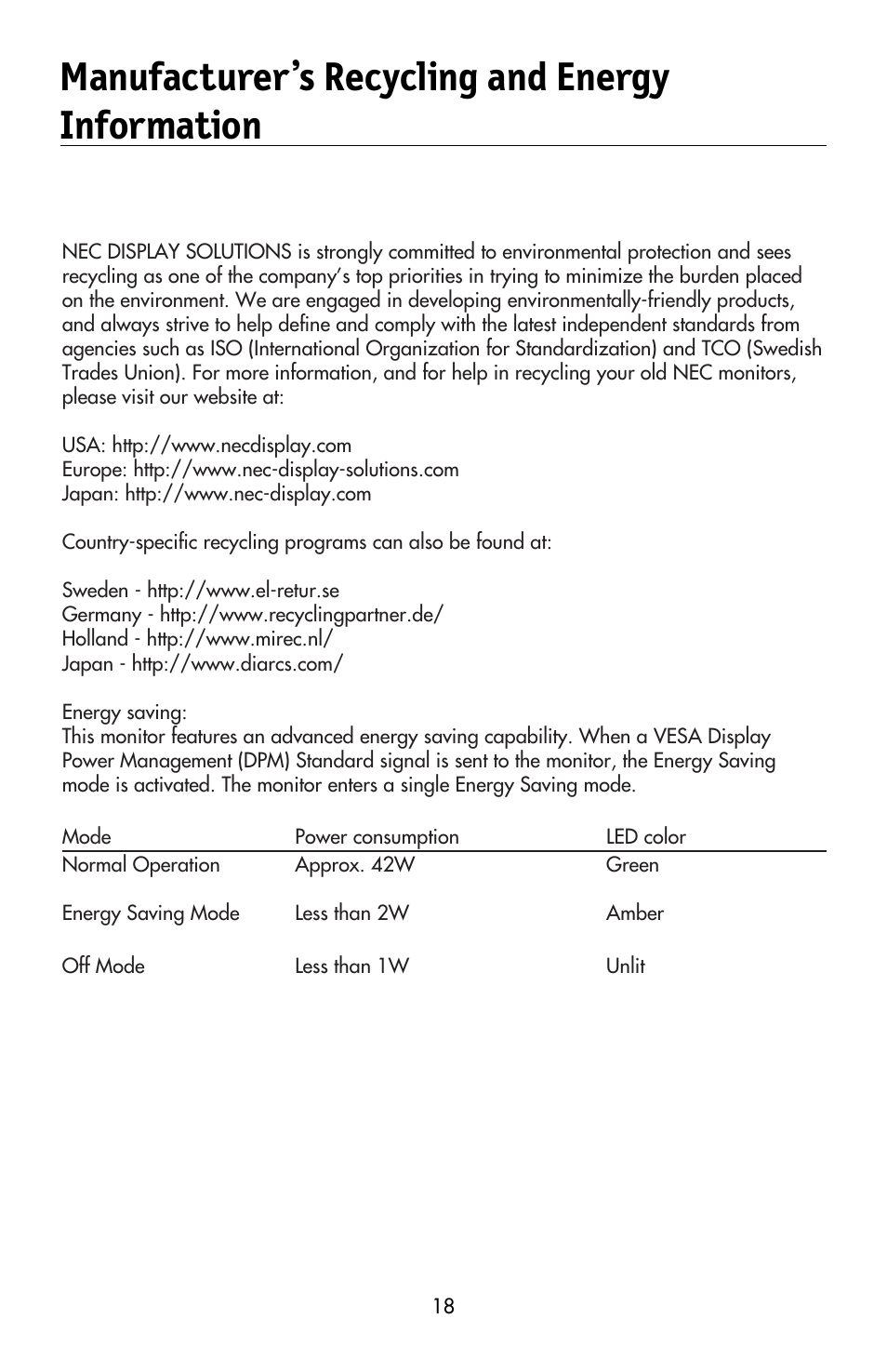 Manufacturer’s recycling and energy information | NEC MULTISYNC LCD195WVXM User Manual | Page 20 / 64