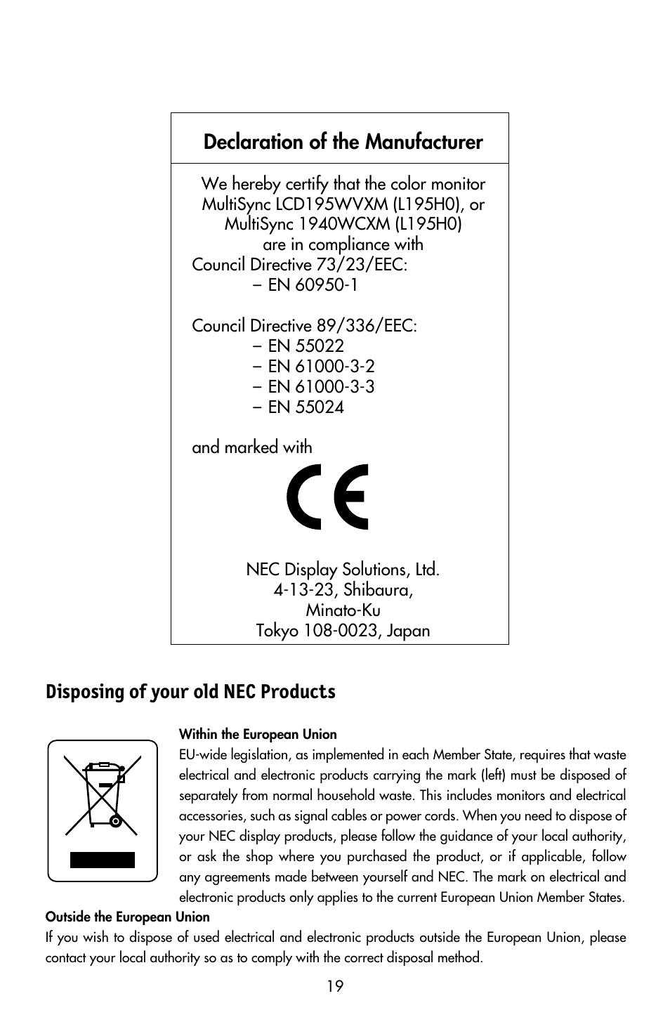 Disposing of your old nec products, Declaration of the manufacturer | NEC MULTISYNC LCD195WVXM User Manual | Page 21 / 64