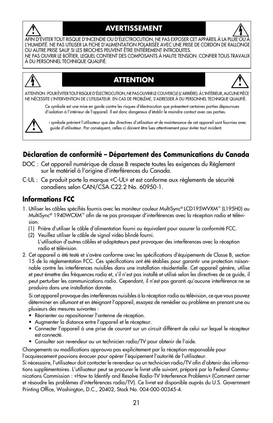 Avertissement attention, Informations fcc | NEC MULTISYNC LCD195WVXM User Manual | Page 23 / 64