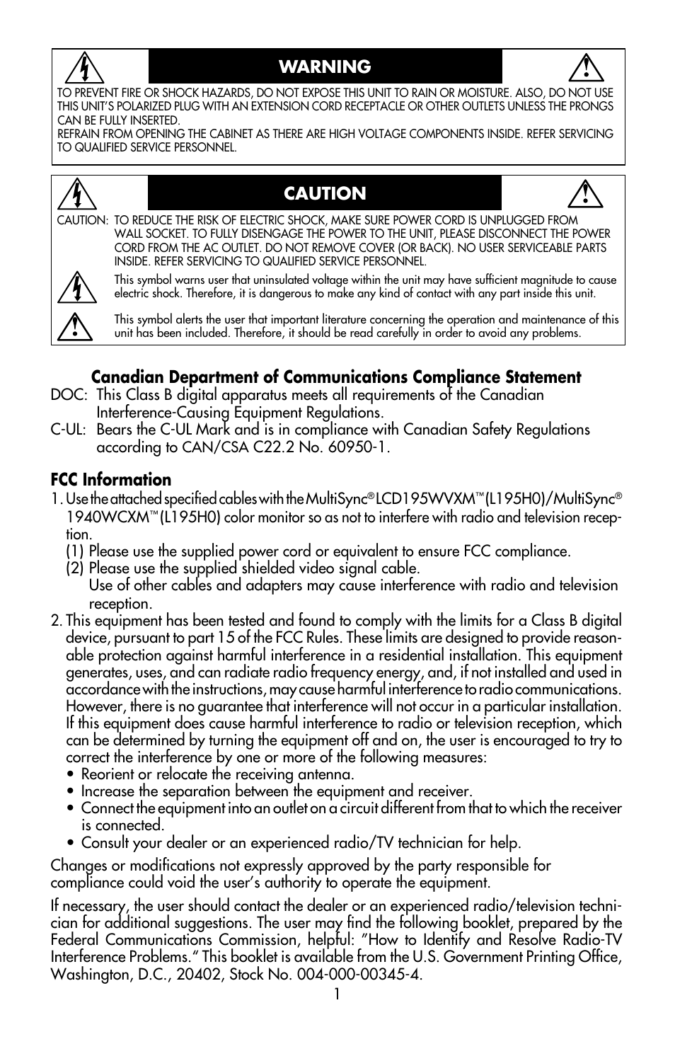 Fcc information | NEC MULTISYNC LCD195WVXM User Manual | Page 3 / 64