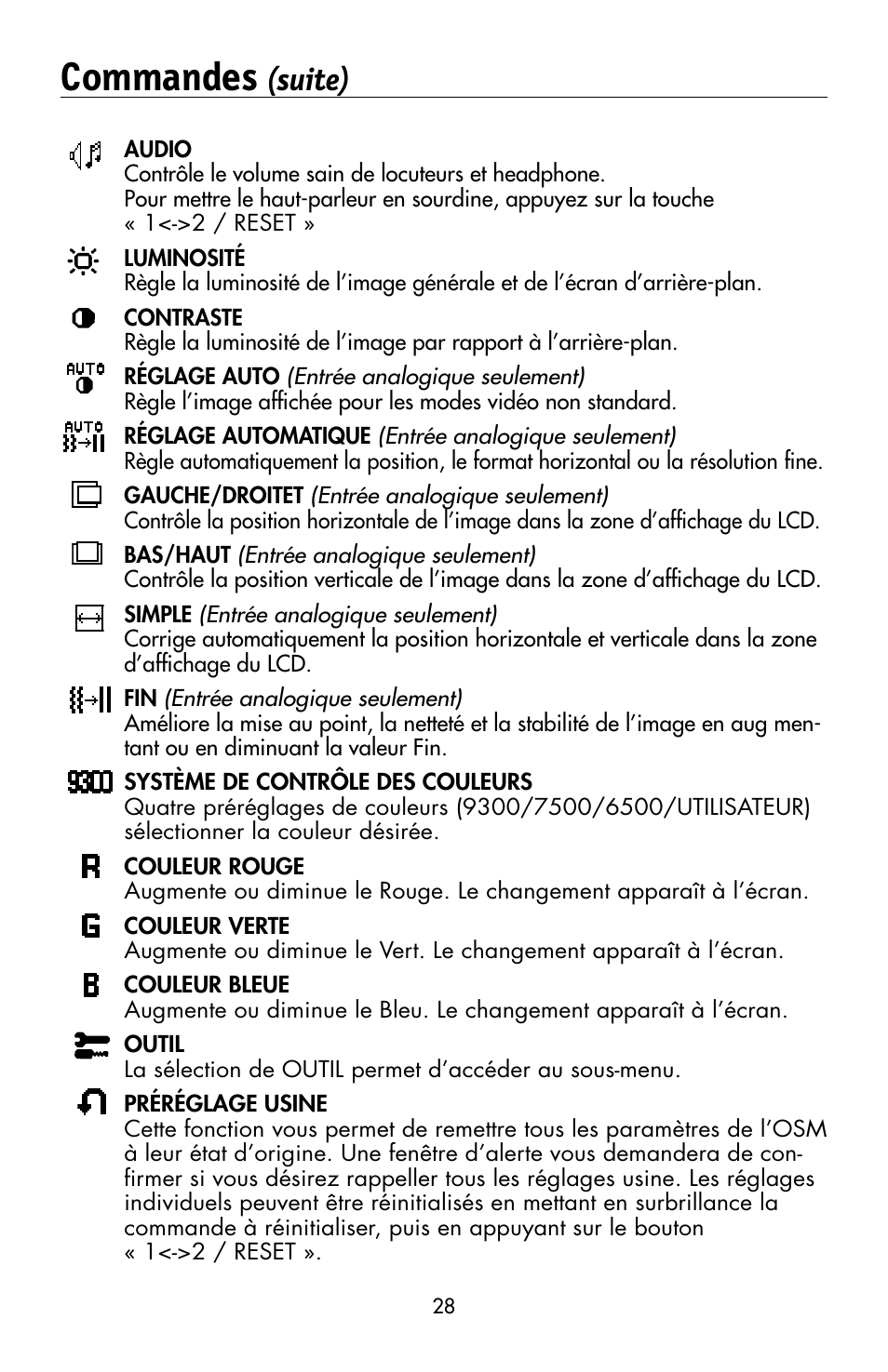 Commandes, Suite) | NEC MULTISYNC LCD195WVXM User Manual | Page 30 / 64