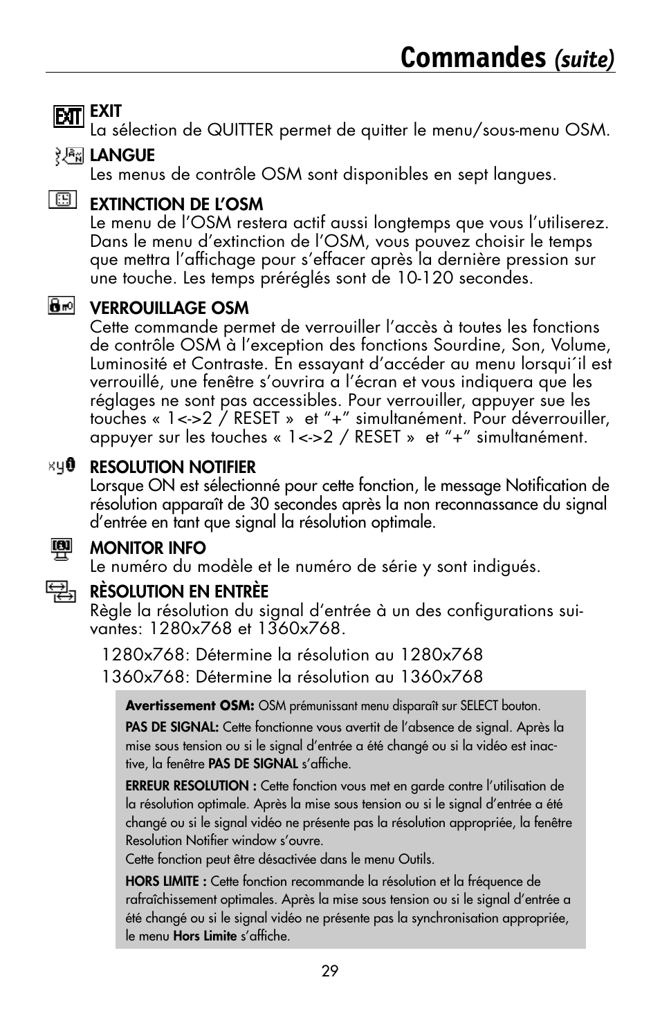 Commandes, Suite) | NEC MULTISYNC LCD195WVXM User Manual | Page 31 / 64
