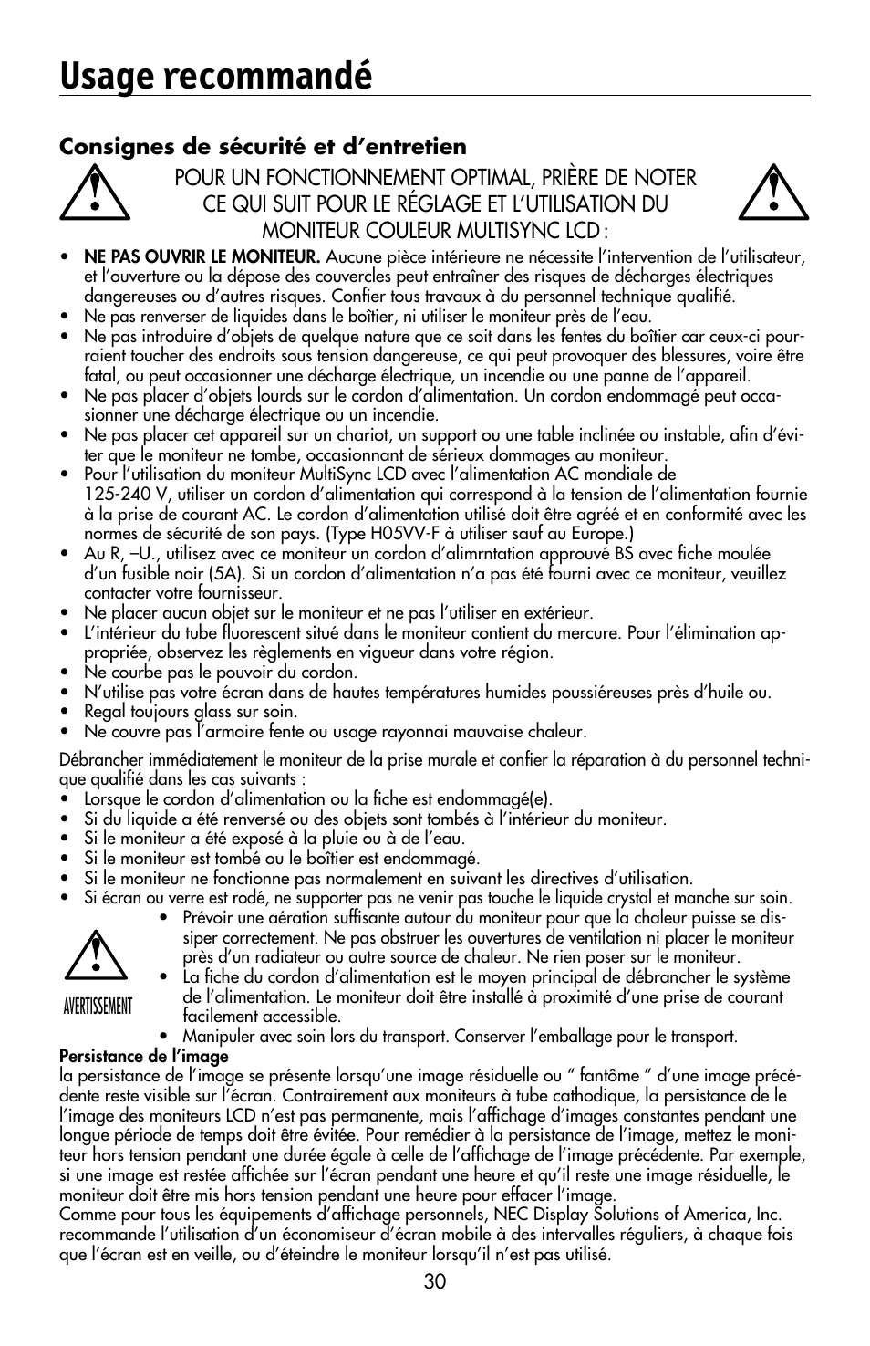 Usage recommandé, Avertissement | NEC MULTISYNC LCD195WVXM User Manual | Page 32 / 64