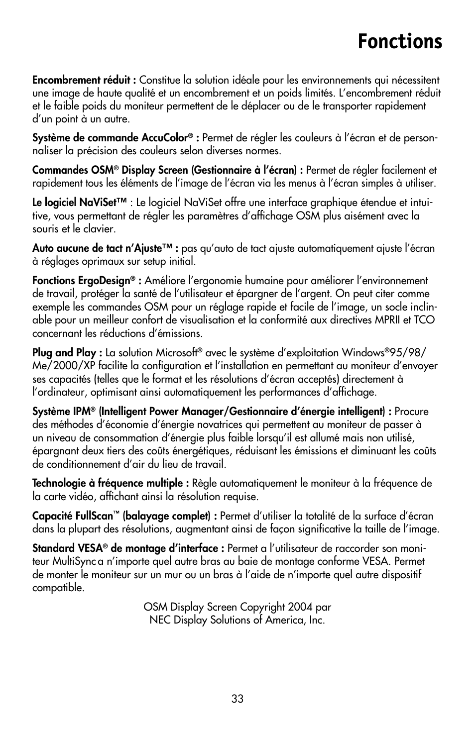 Fonctions | NEC MULTISYNC LCD195WVXM User Manual | Page 35 / 64