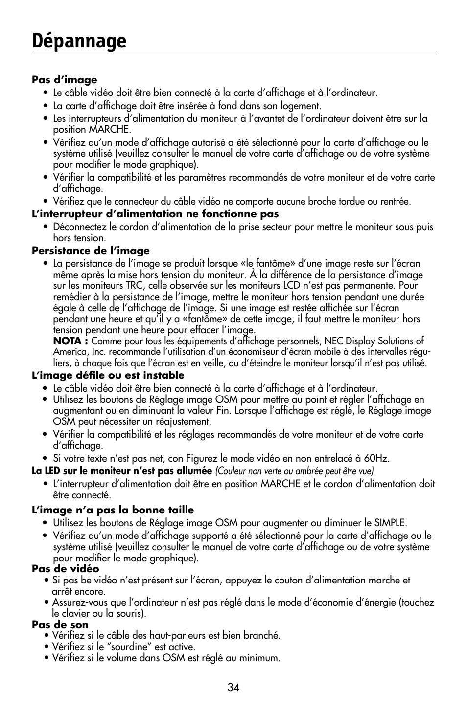 Dépannage | NEC MULTISYNC LCD195WVXM User Manual | Page 36 / 64