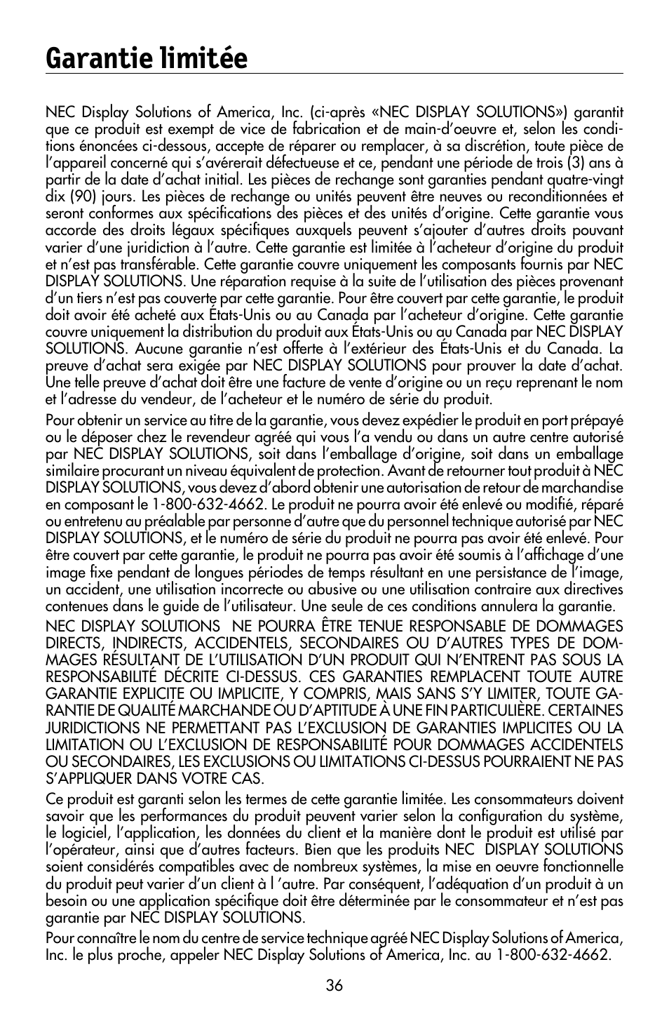 Garantie limitée | NEC MULTISYNC LCD195WVXM User Manual | Page 38 / 64