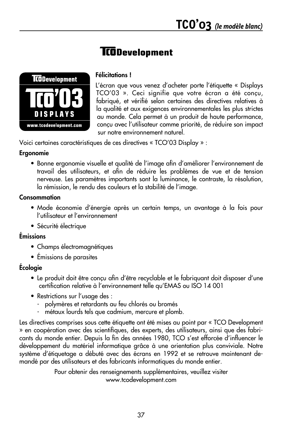 Tco’03 | NEC MULTISYNC LCD195WVXM User Manual | Page 39 / 64