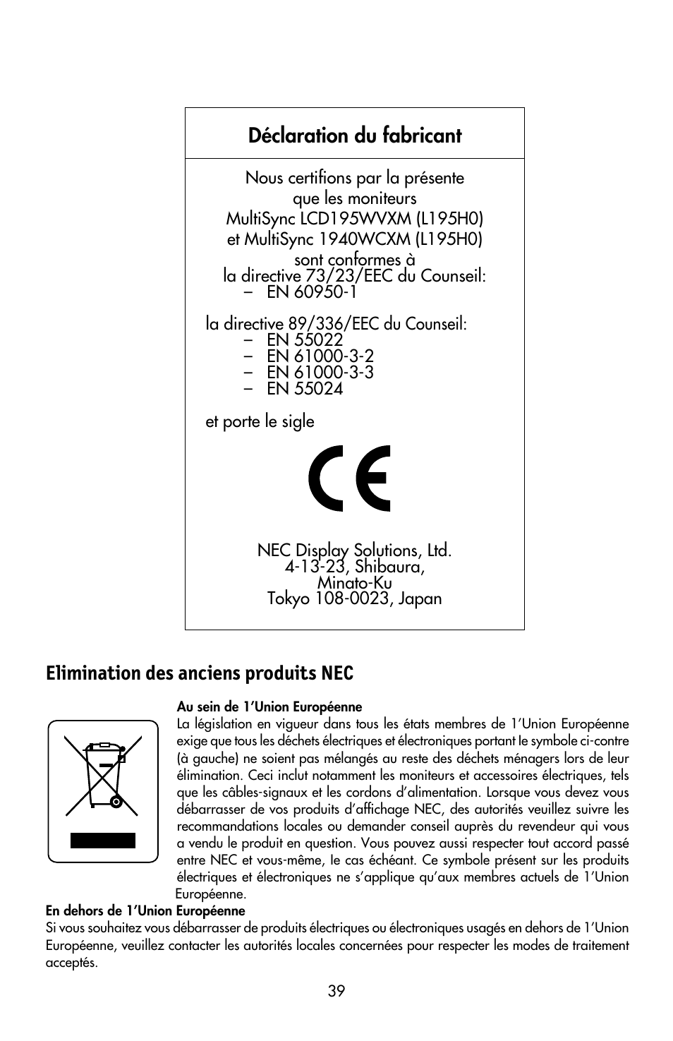Elimination des anciens produits nec, Déclaration du fabricant | NEC MULTISYNC LCD195WVXM User Manual | Page 41 / 64