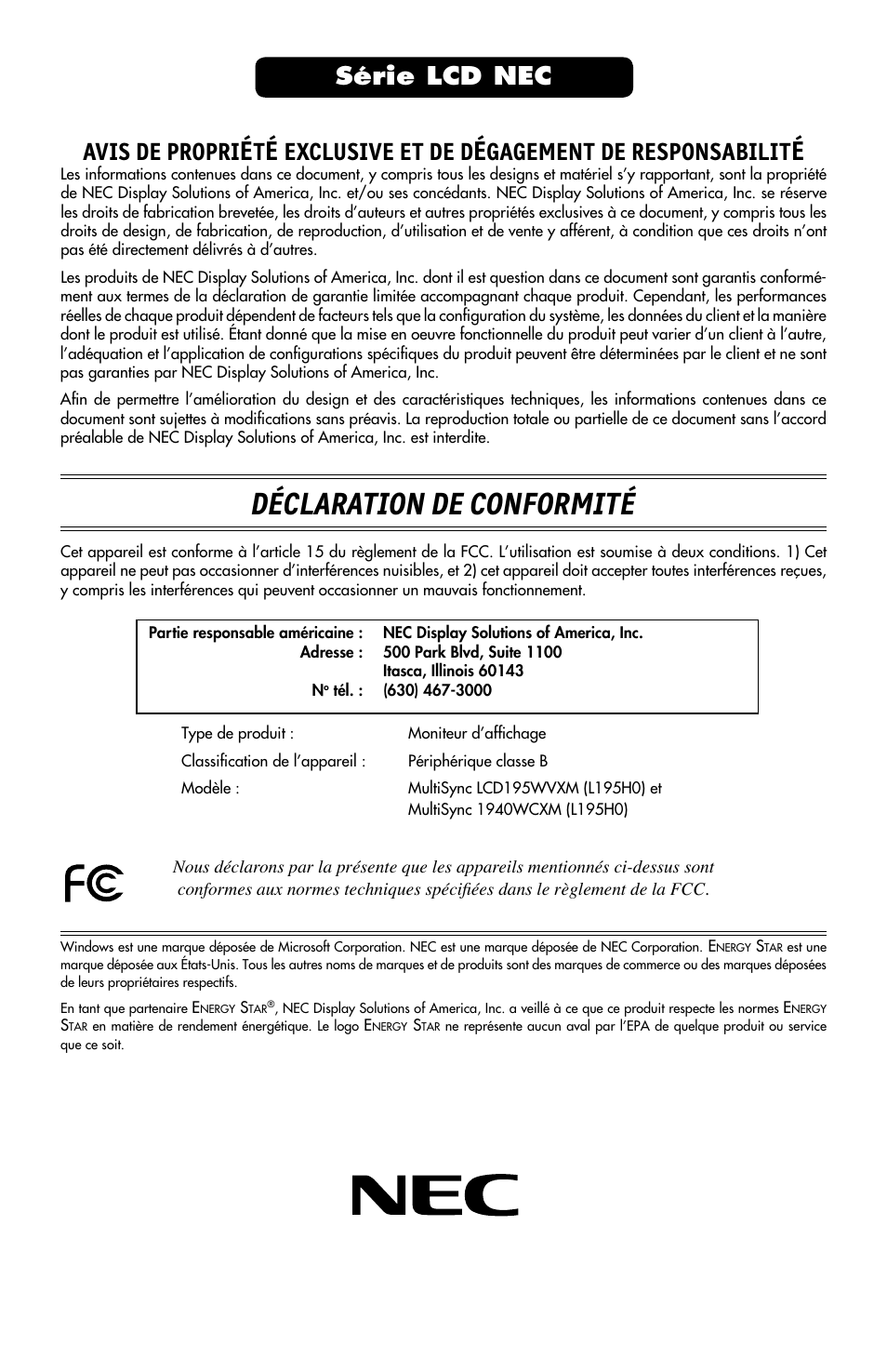 Déclaration de conformité, Avis de propri, Exclusive et de d | Gagement de responsabilit, Série lcd nec | NEC MULTISYNC LCD195WVXM User Manual | Page 42 / 64