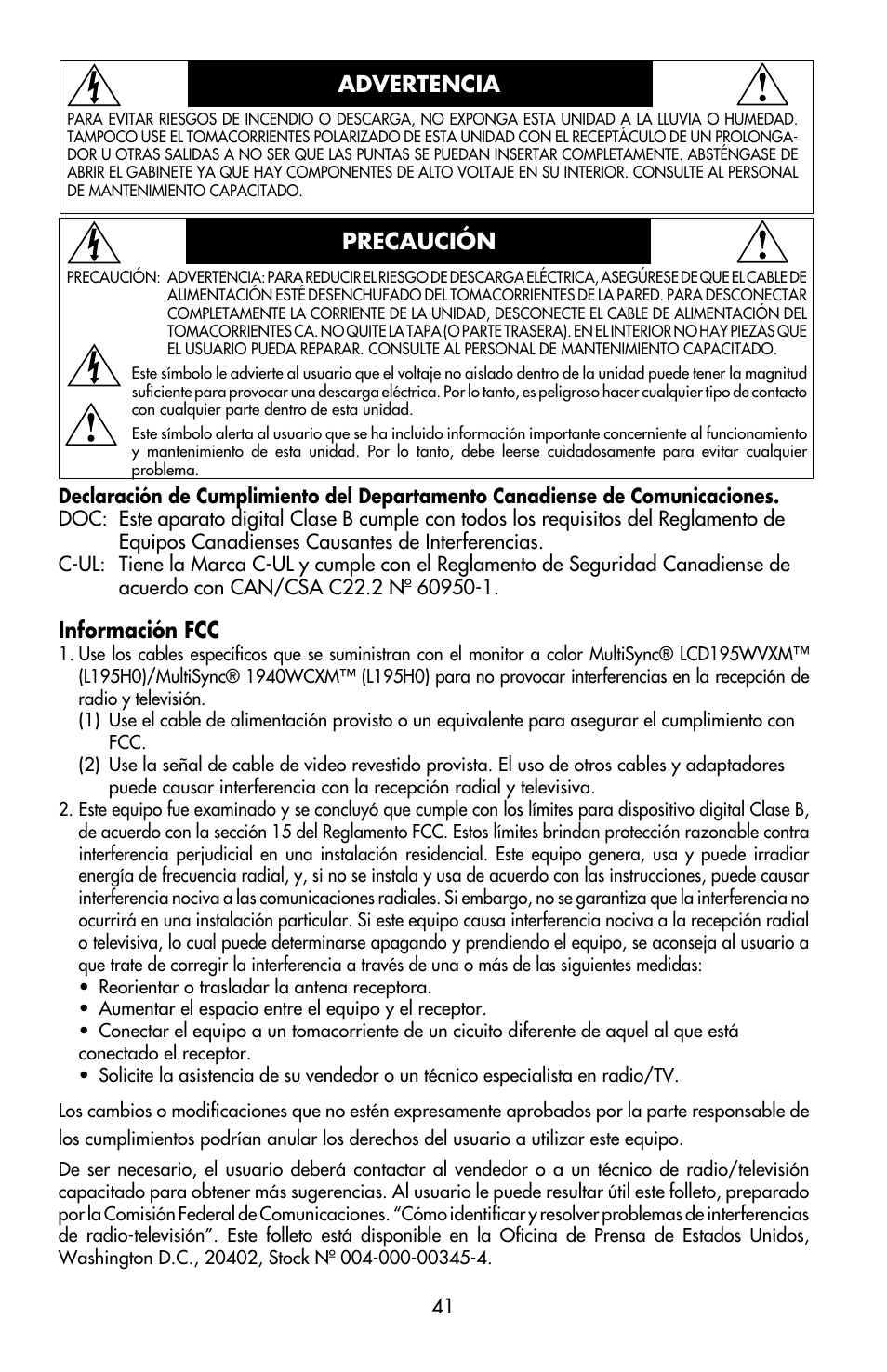 Advertencia precaución, Información fcc | NEC MULTISYNC LCD195WVXM User Manual | Page 43 / 64