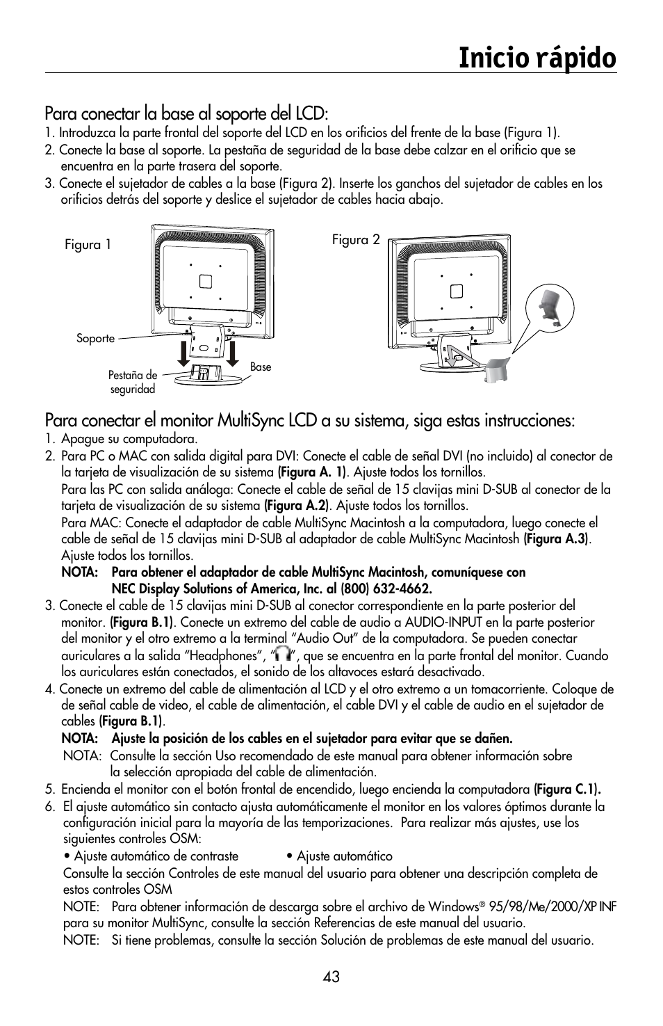 Inicio rápido, Para conectar la base al soporte del lcd | NEC MULTISYNC LCD195WVXM User Manual | Page 45 / 64