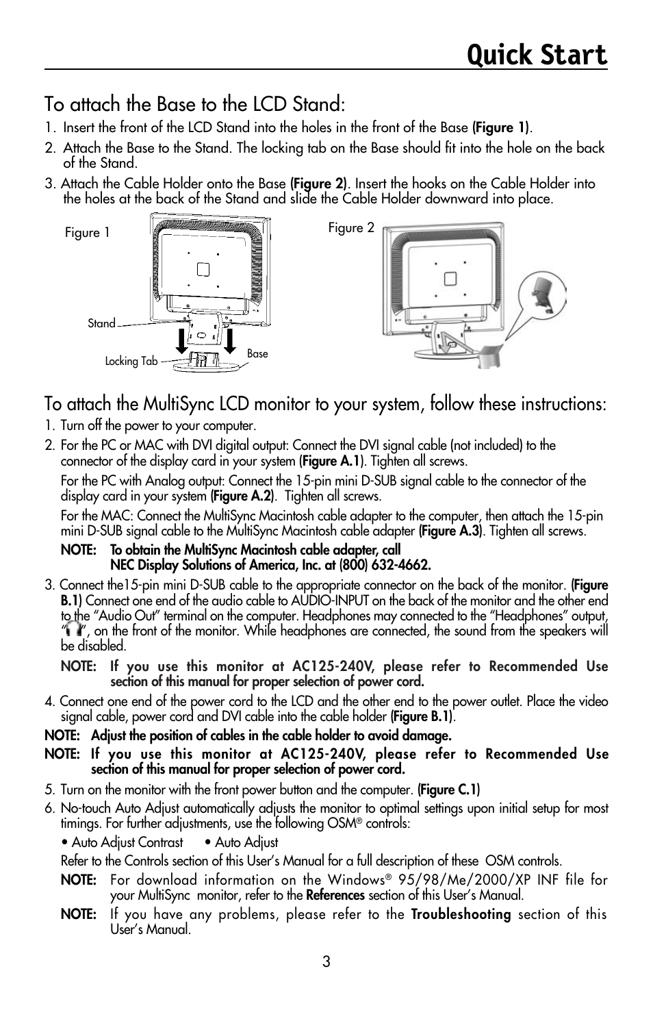 Quick start | NEC MULTISYNC LCD195WVXM User Manual | Page 5 / 64