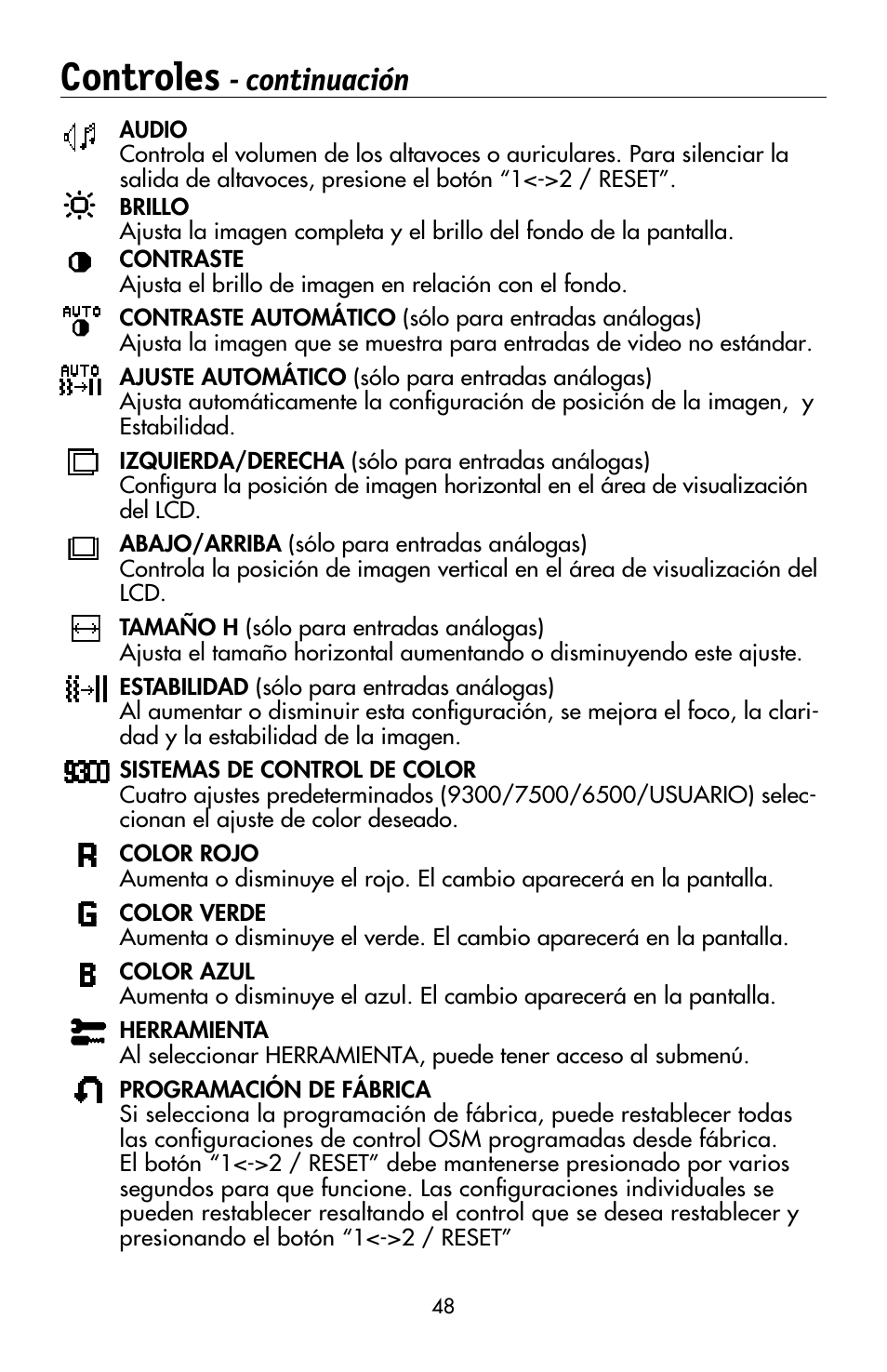 Controles, Continuación | NEC MULTISYNC LCD195WVXM User Manual | Page 50 / 64