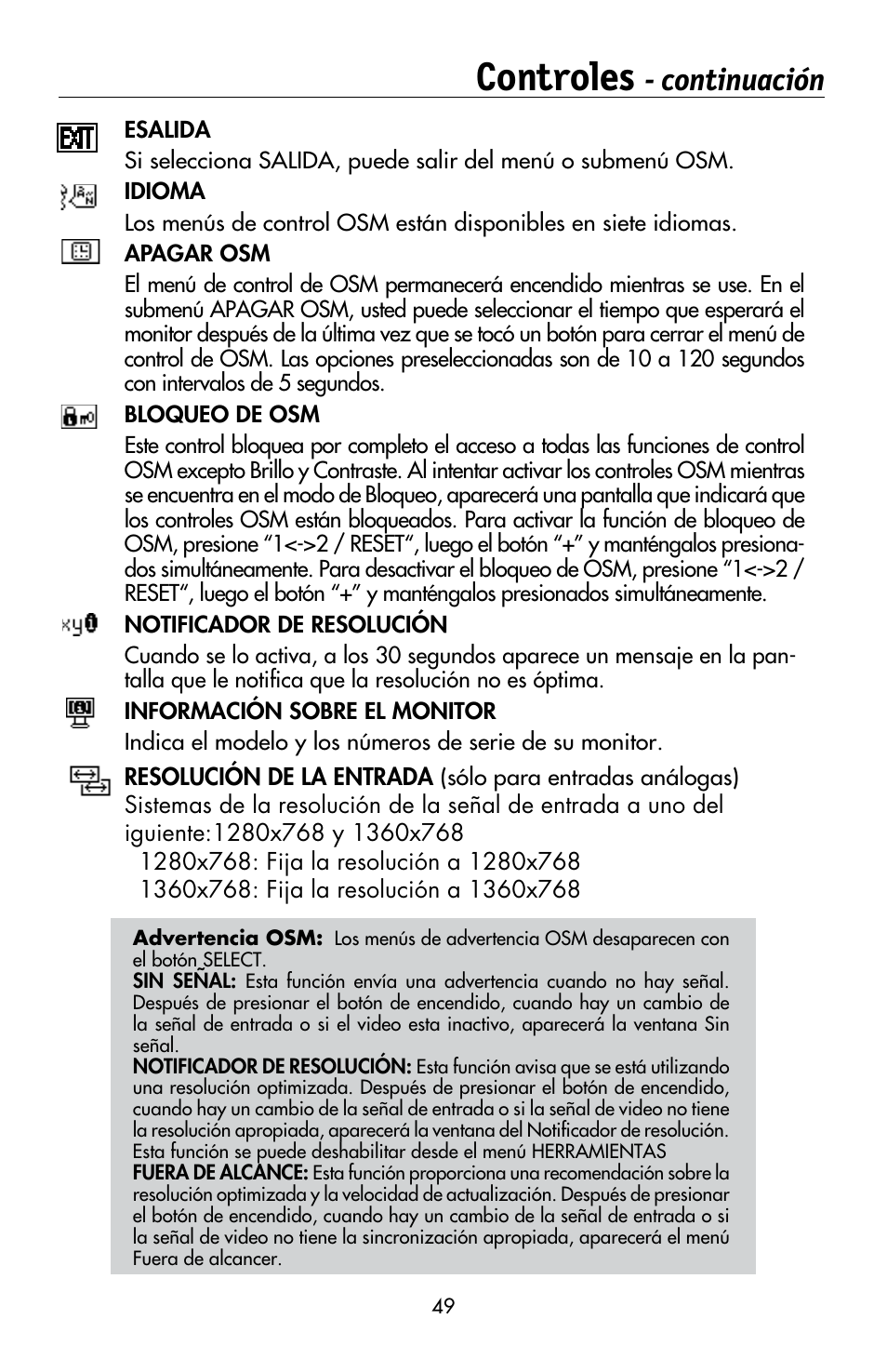 Controles, Continuación | NEC MULTISYNC LCD195WVXM User Manual | Page 51 / 64