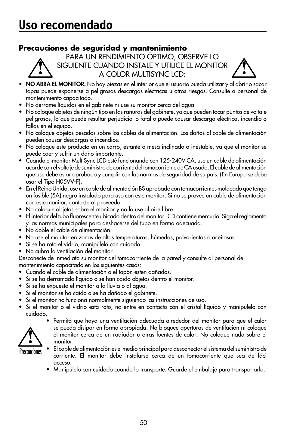 Uso recomendado, Precauciones | NEC MULTISYNC LCD195WVXM User Manual | Page 52 / 64