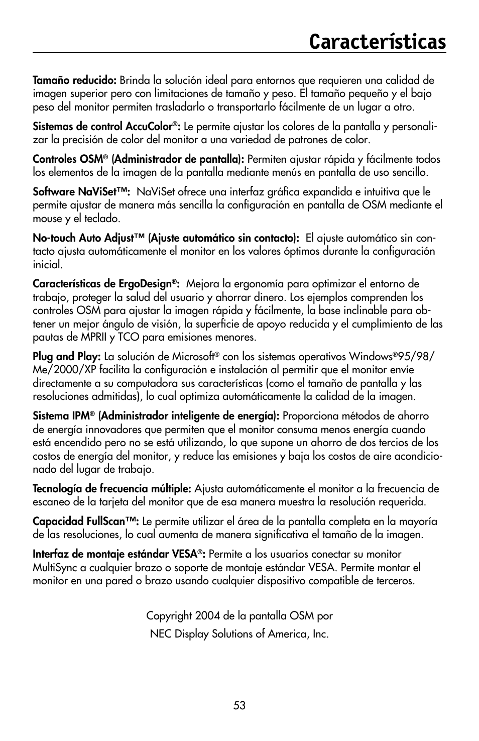 Características | NEC MULTISYNC LCD195WVXM User Manual | Page 55 / 64