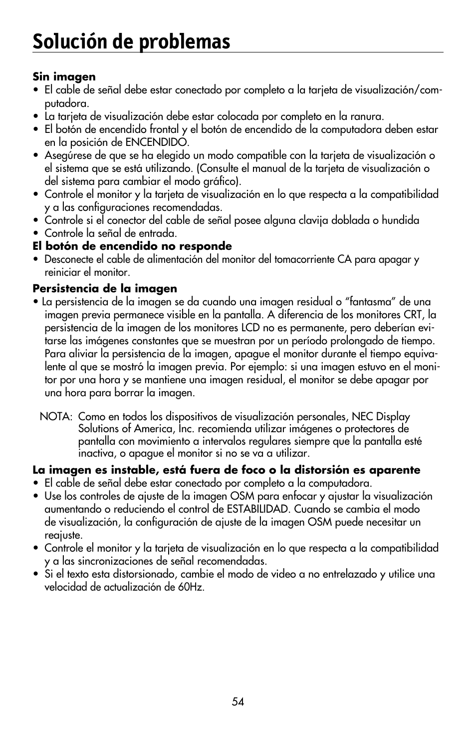 Solución de problemas | NEC MULTISYNC LCD195WVXM User Manual | Page 56 / 64