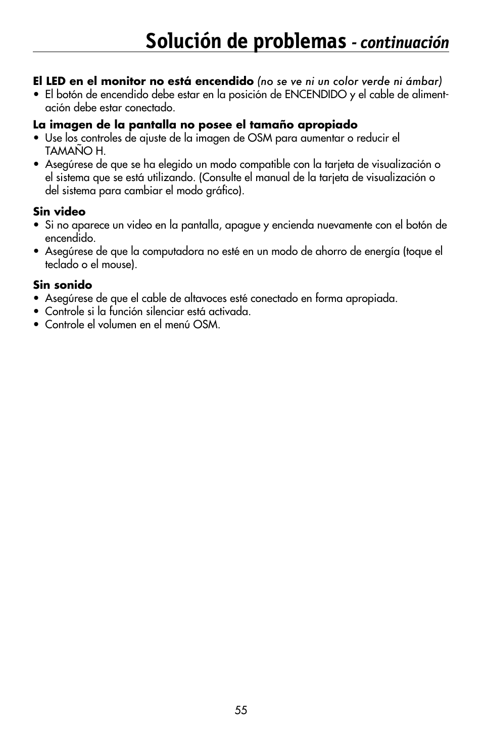 Solución de problemas, Continuación | NEC MULTISYNC LCD195WVXM User Manual | Page 57 / 64
