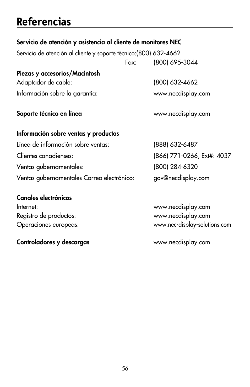 Referencias | NEC MULTISYNC LCD195WVXM User Manual | Page 58 / 64