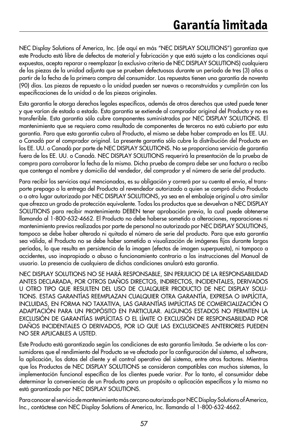 Garantía limitada | NEC MULTISYNC LCD195WVXM User Manual | Page 59 / 64