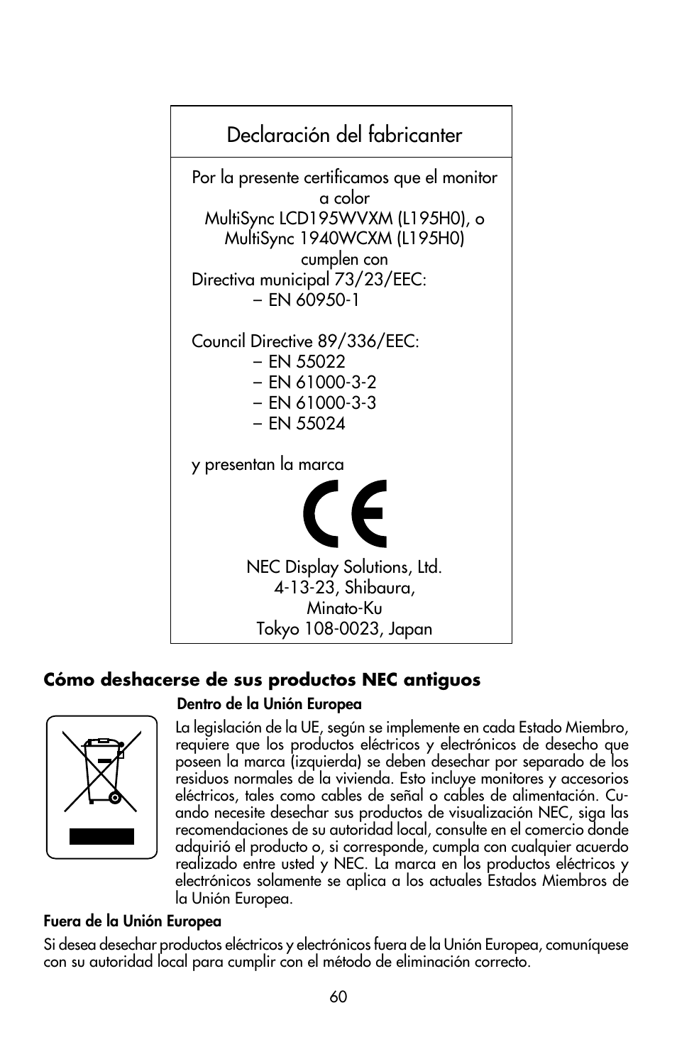 Declaración del fabricanter | NEC MULTISYNC LCD195WVXM User Manual | Page 62 / 64