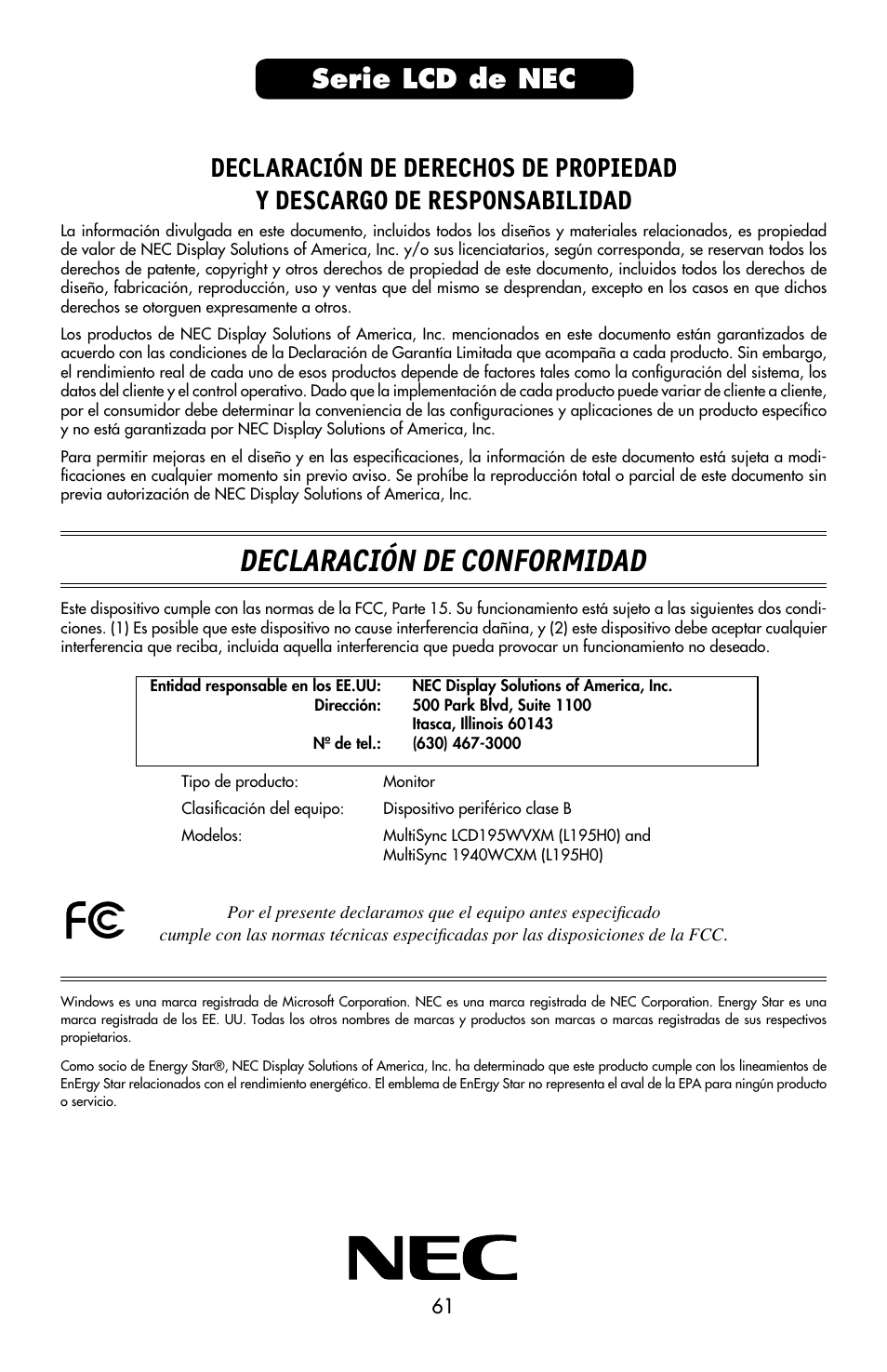 Declaración de conformidad, Serie lcd de nec | NEC MULTISYNC LCD195WVXM User Manual | Page 63 / 64