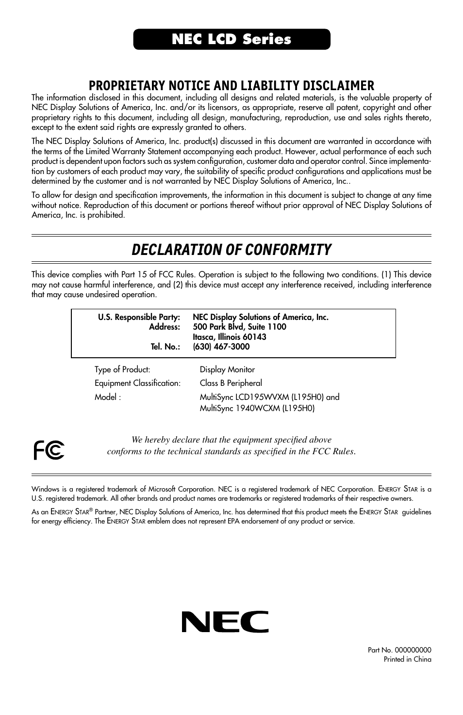 Declaration of conformity, Proprietary notice and liability disclaimer, Nec lcd series | NEC MULTISYNC LCD195WVXM User Manual | Page 64 / 64