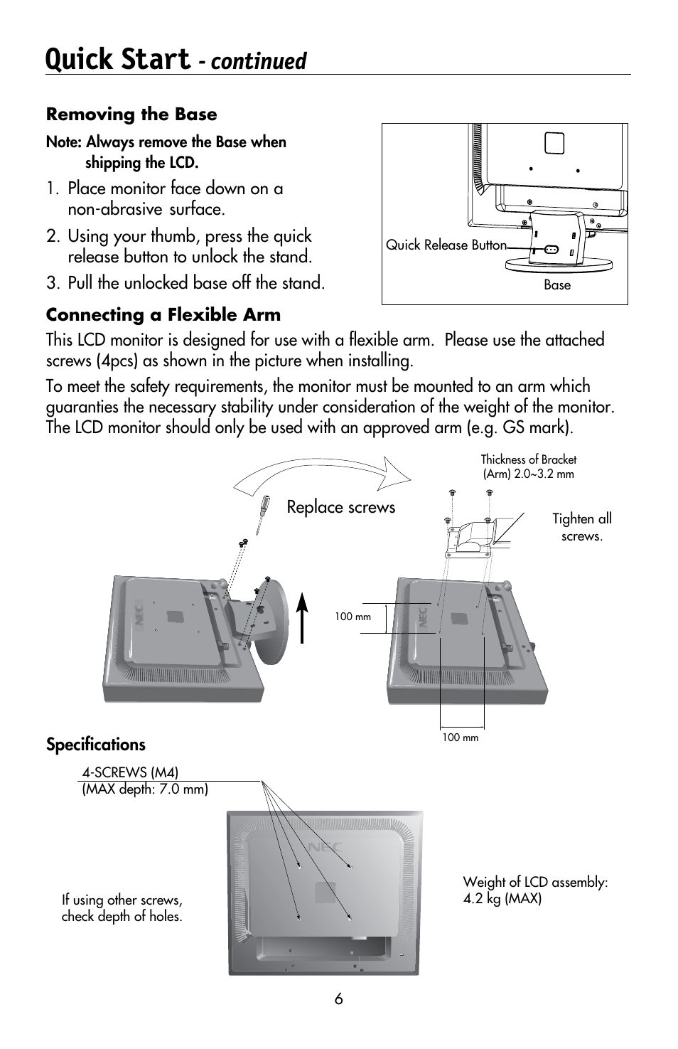 Quick start, Continued | NEC MULTISYNC LCD195WVXM User Manual | Page 8 / 64