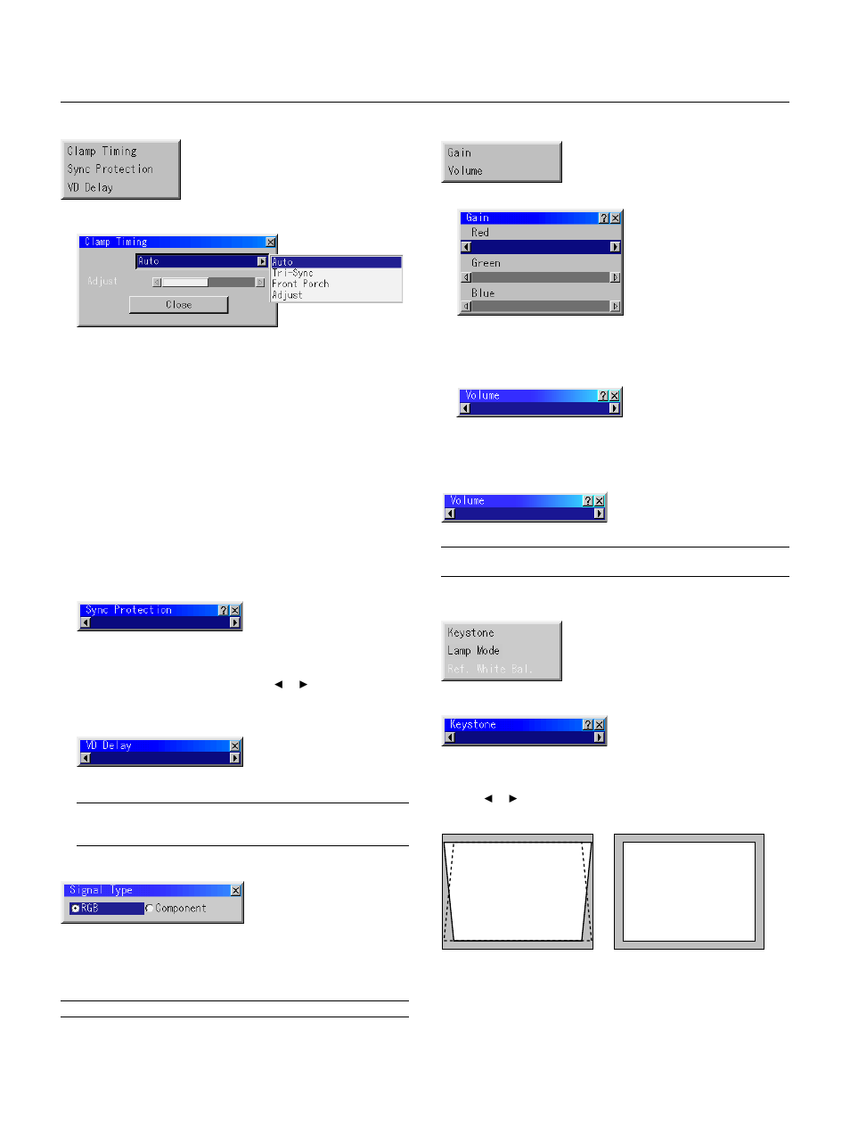 Ref adj volume, E – 45, Keystone | Switcher, Signal type, Option adj | NEC GT2150 User Manual | Page 55 / 74