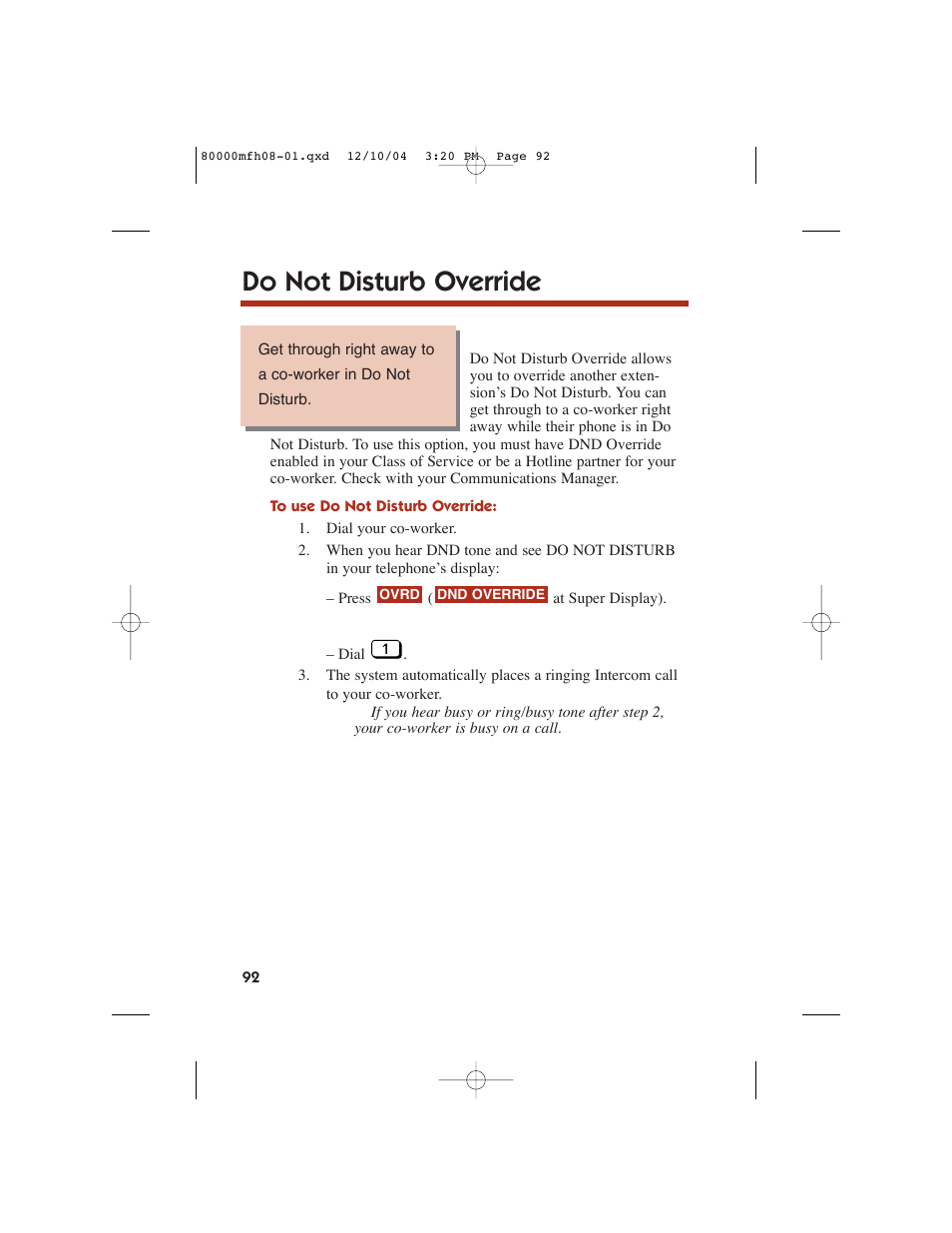 Do not disturb override | NEC DS1000 User Manual | Page 100 / 216