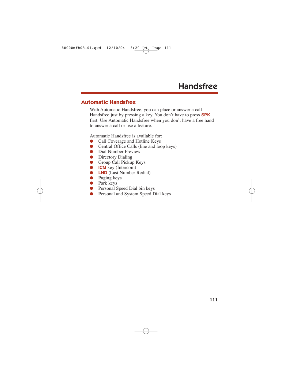 Handsfree | NEC DS1000 User Manual | Page 119 / 216