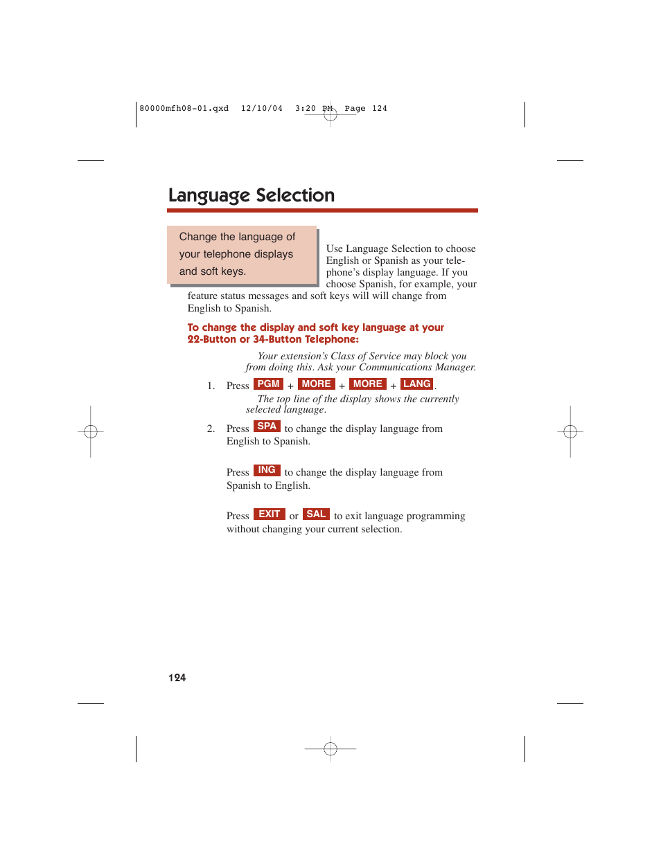 Language selection | NEC DS1000 User Manual | Page 132 / 216
