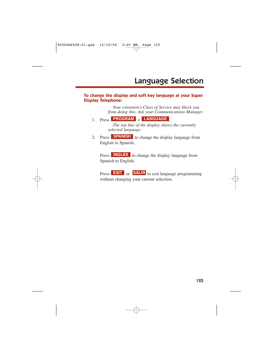 Language selection | NEC DS1000 User Manual | Page 133 / 216