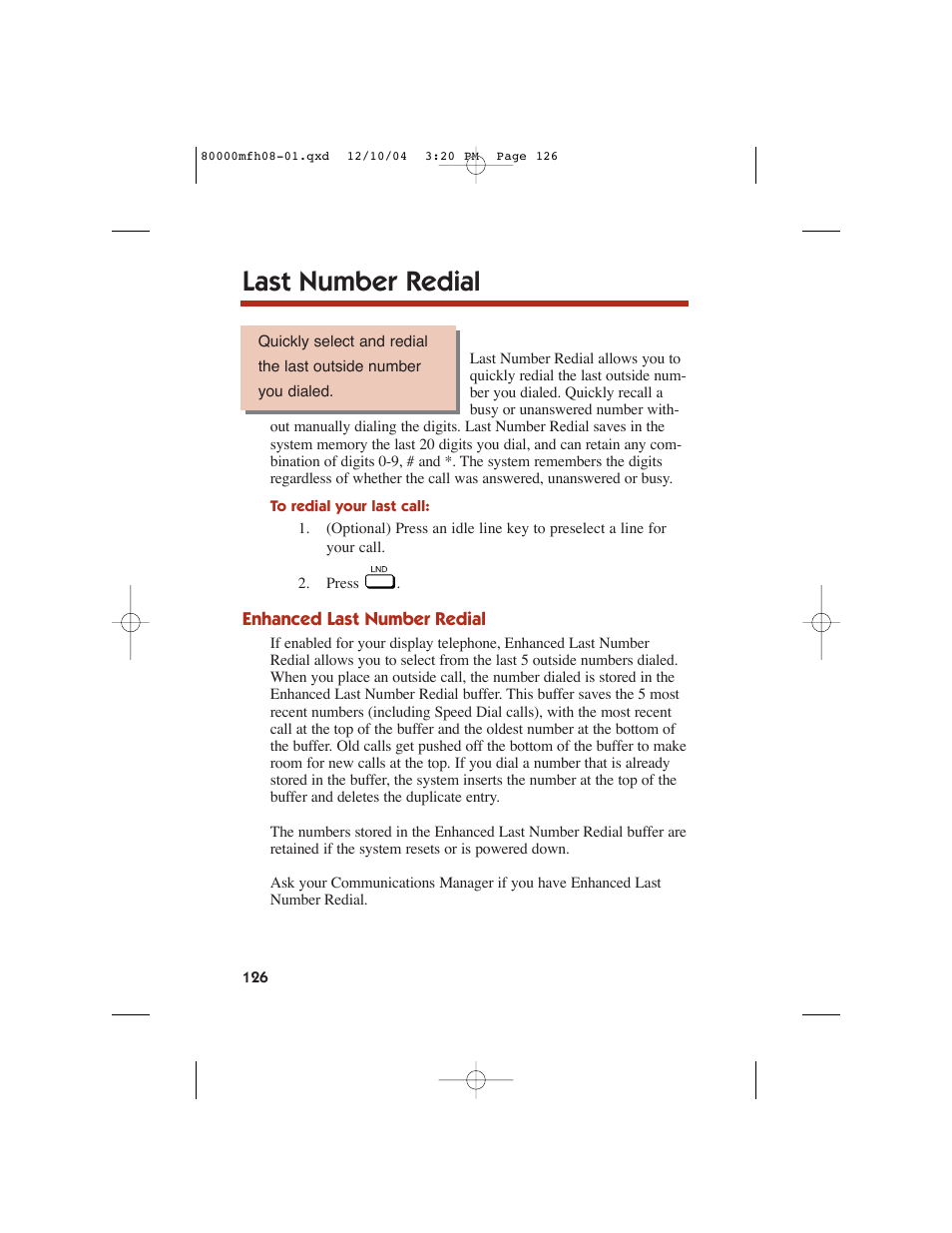 Last number redial | NEC DS1000 User Manual | Page 134 / 216
