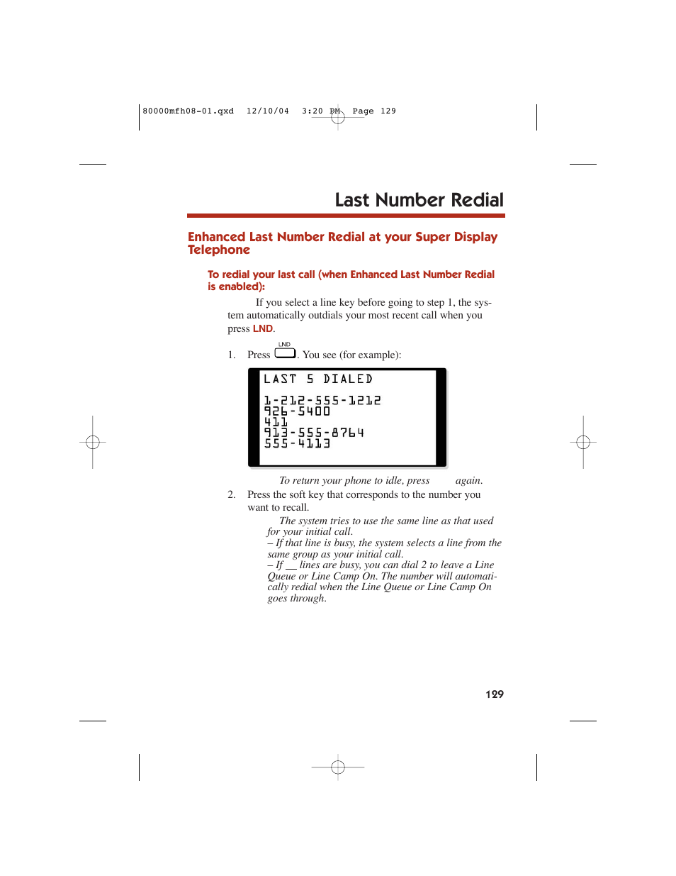 Last number redial | NEC DS1000 User Manual | Page 137 / 216