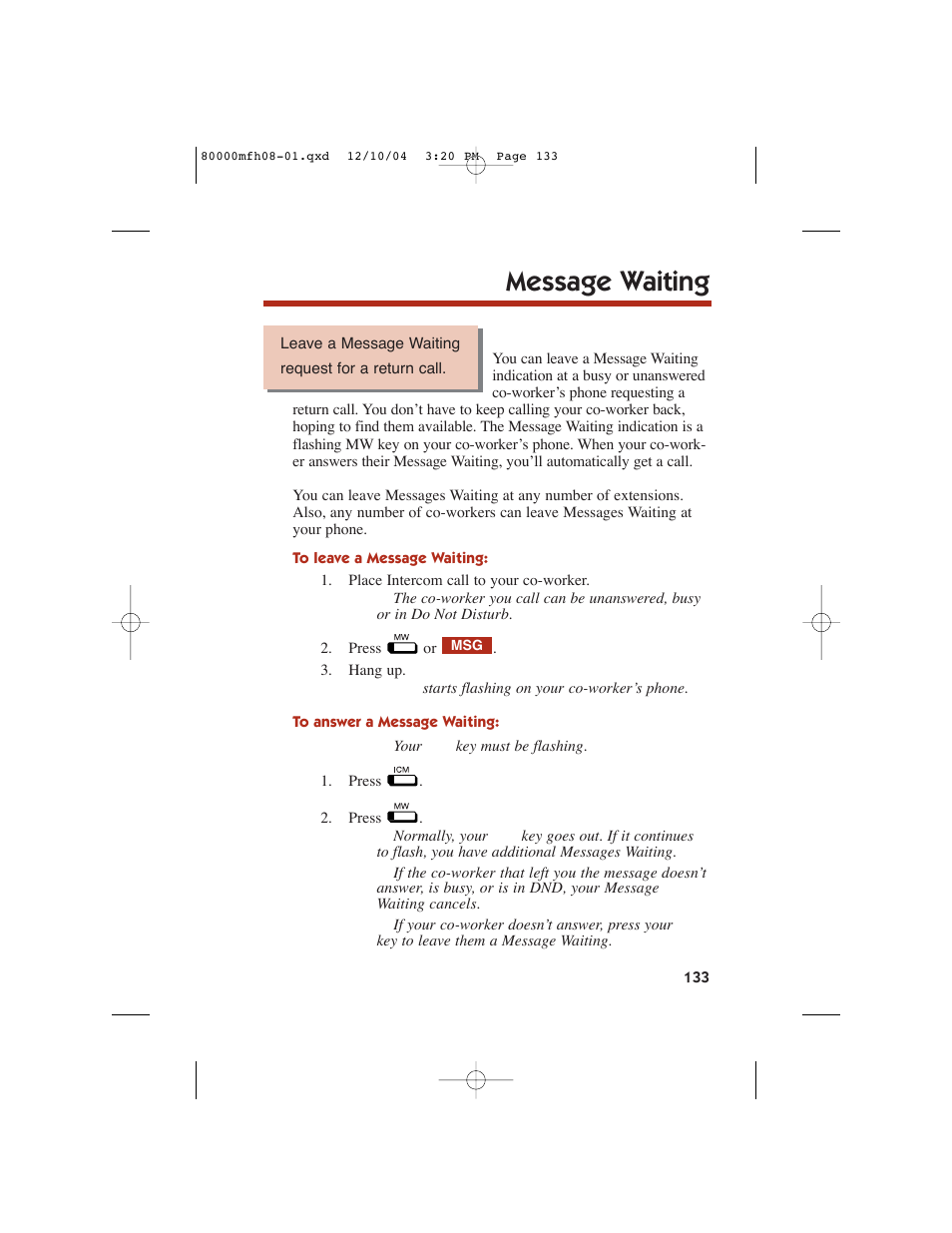 Message waiting | NEC DS1000 User Manual | Page 141 / 216