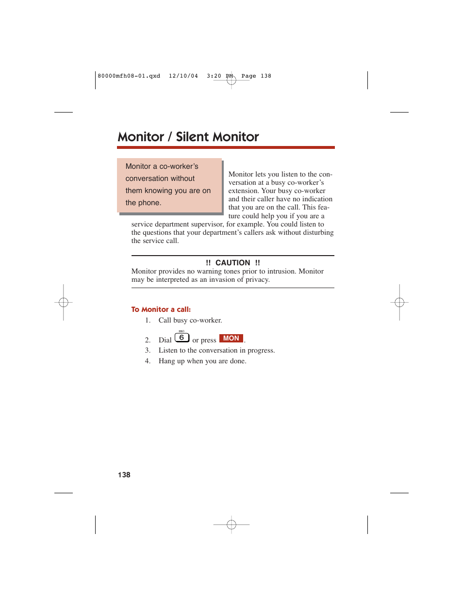 Monitor / silent monitor | NEC DS1000 User Manual | Page 146 / 216