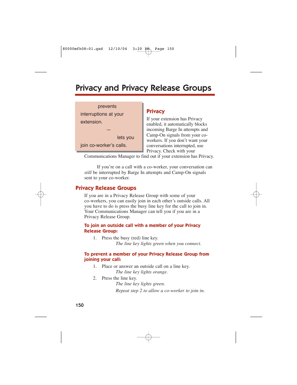 Privacy and privacy release groups | NEC DS1000 User Manual | Page 158 / 216