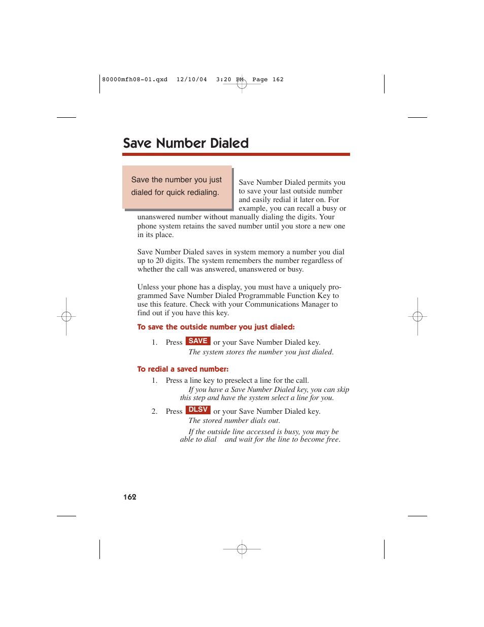 Save number dialed | NEC DS1000 User Manual | Page 170 / 216