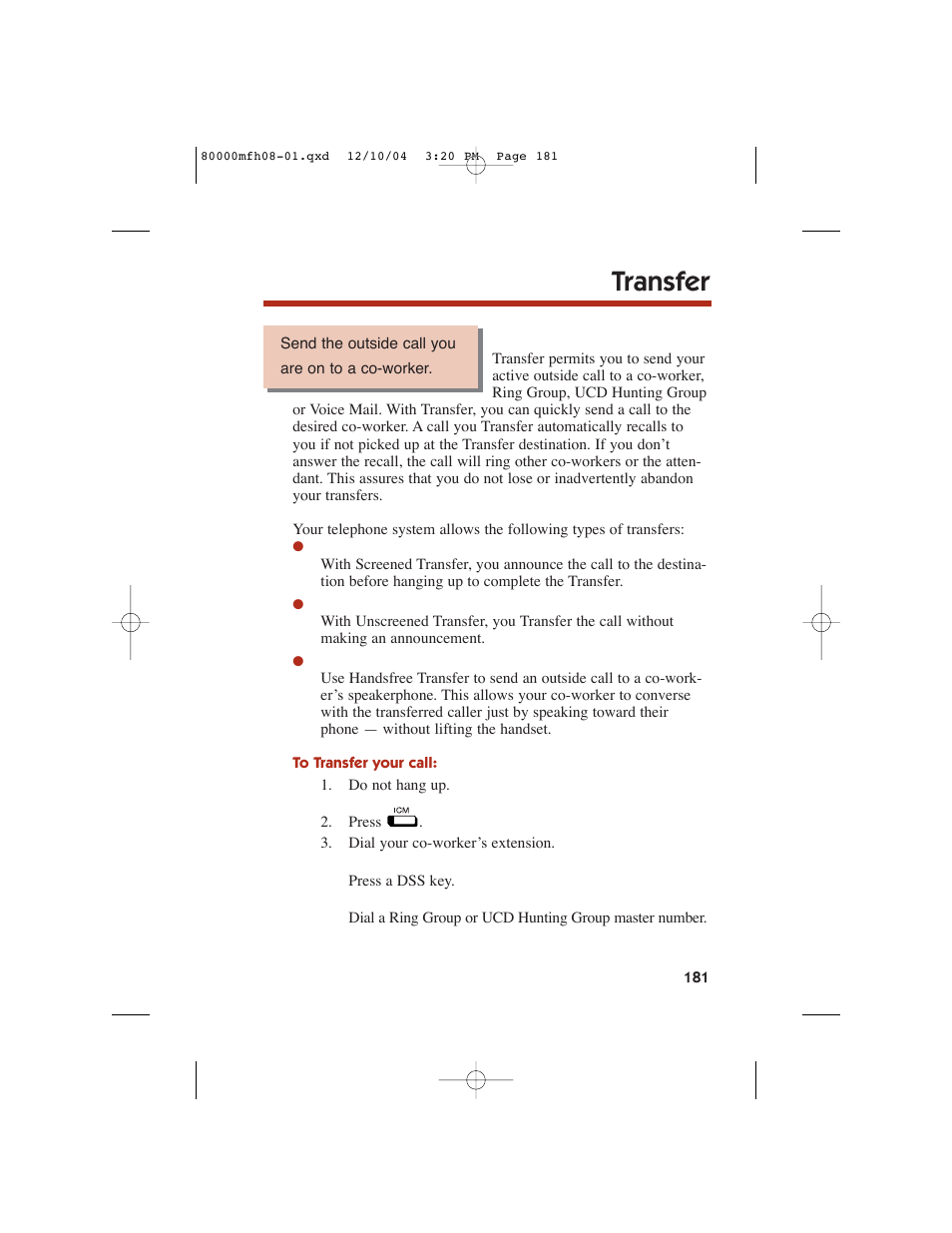 Transfer | NEC DS1000 User Manual | Page 189 / 216